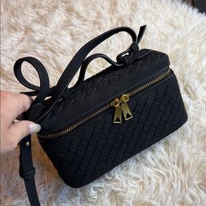 Chic Black Woven Suede Crossbody Bag